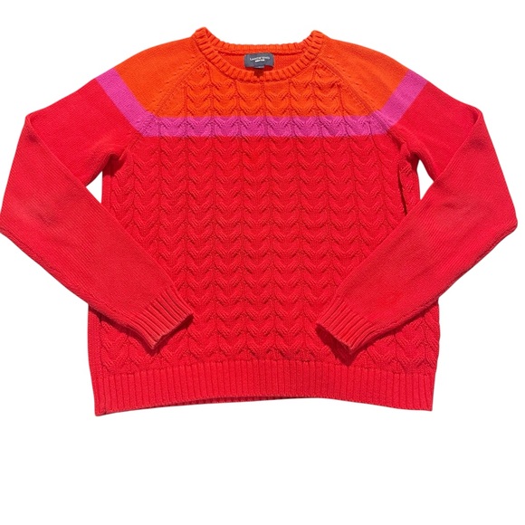 Lands’ End Drifter Cotton Sweater L Red Orange Pink Colorblock Cable Knit - Picture 1 of 13